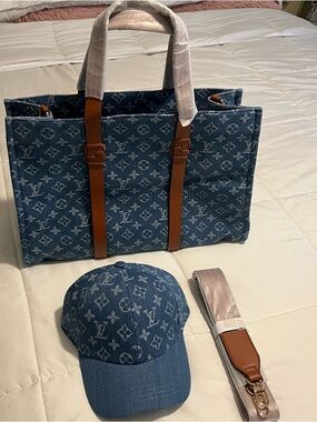 Louis Vuitton Blue Denim Monogram Tote with Brown Leather Straps